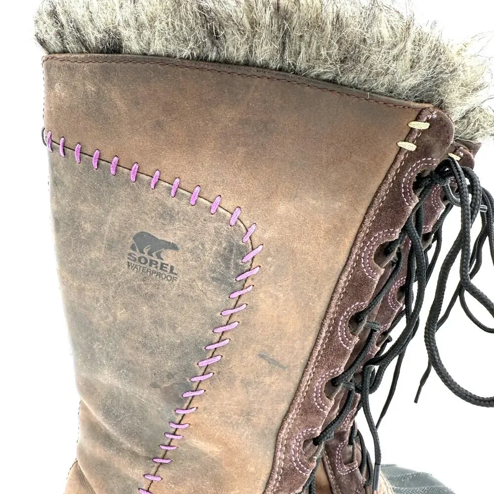 Sorel Women's Brown Cate The Great Brown Lace Up Fur Snow Boots Size 7.5
